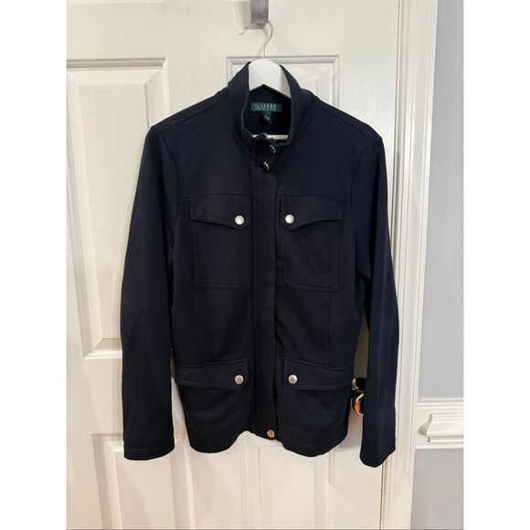 Lauren Ralph Lauren Black Jersey Funnel Neck Zip Button Jacket sz L EUC - Picture 1 of 9